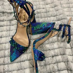 Blue Cheetah print stud open toe strap on heel